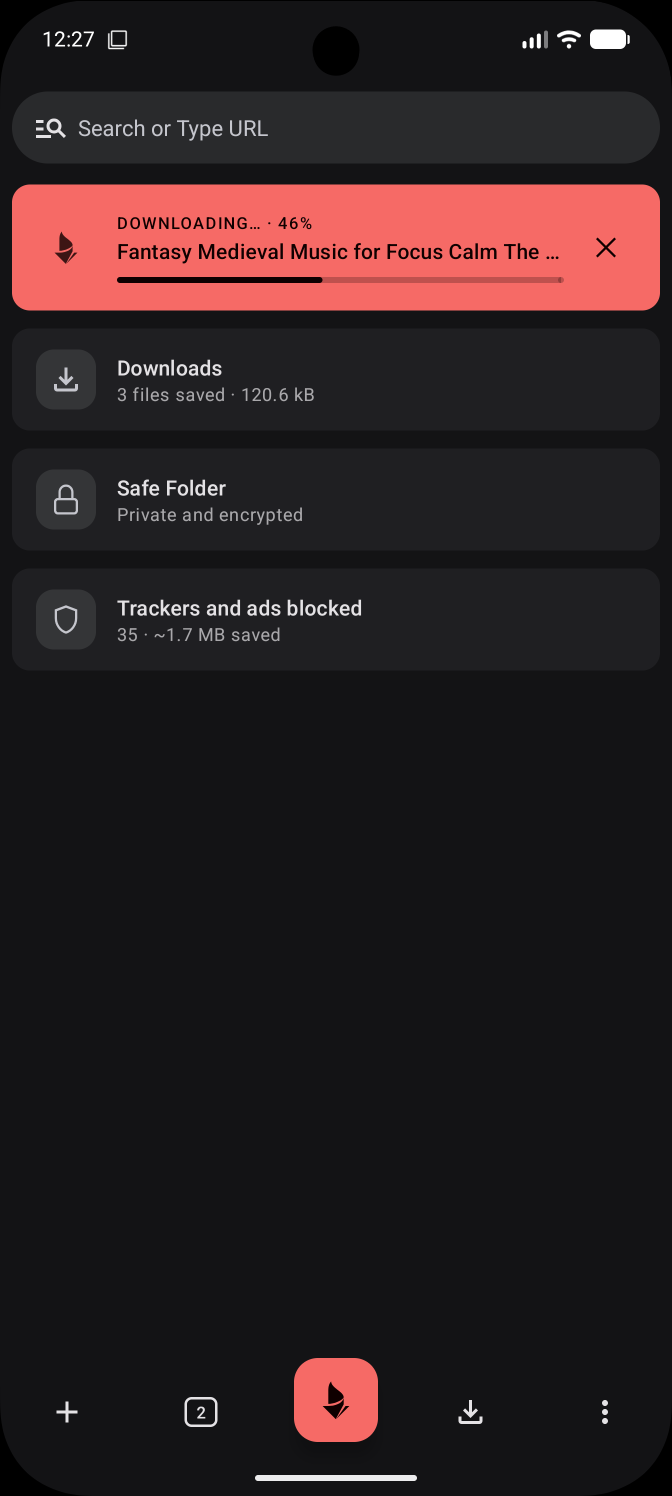 Firedown home screen with the coral Fire-Button in the toolbar, showing active downloads, Safe Folder and blocked trackers